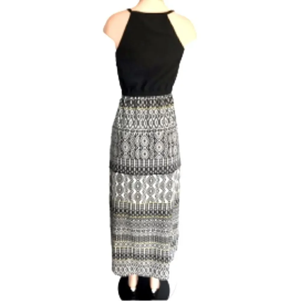 J. Crew Women's Size -0 Maxi Dress Side Slit Racer Back Black White Print